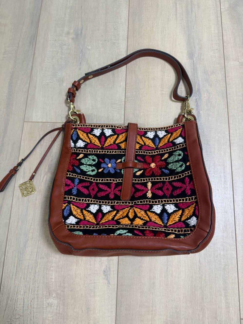 Nanette Lepore Brown Trim Shoulder Bag with Multicolor Embroidered Panel